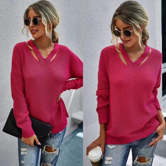 Cut Out Knit Solid Sweater- BLUE - Picture 10 of 12